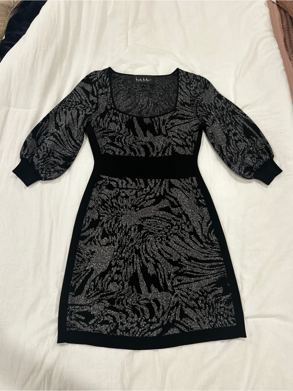 Nicole Miller Black & Silver Glitter Knit Puff Sleeve Mini Dress